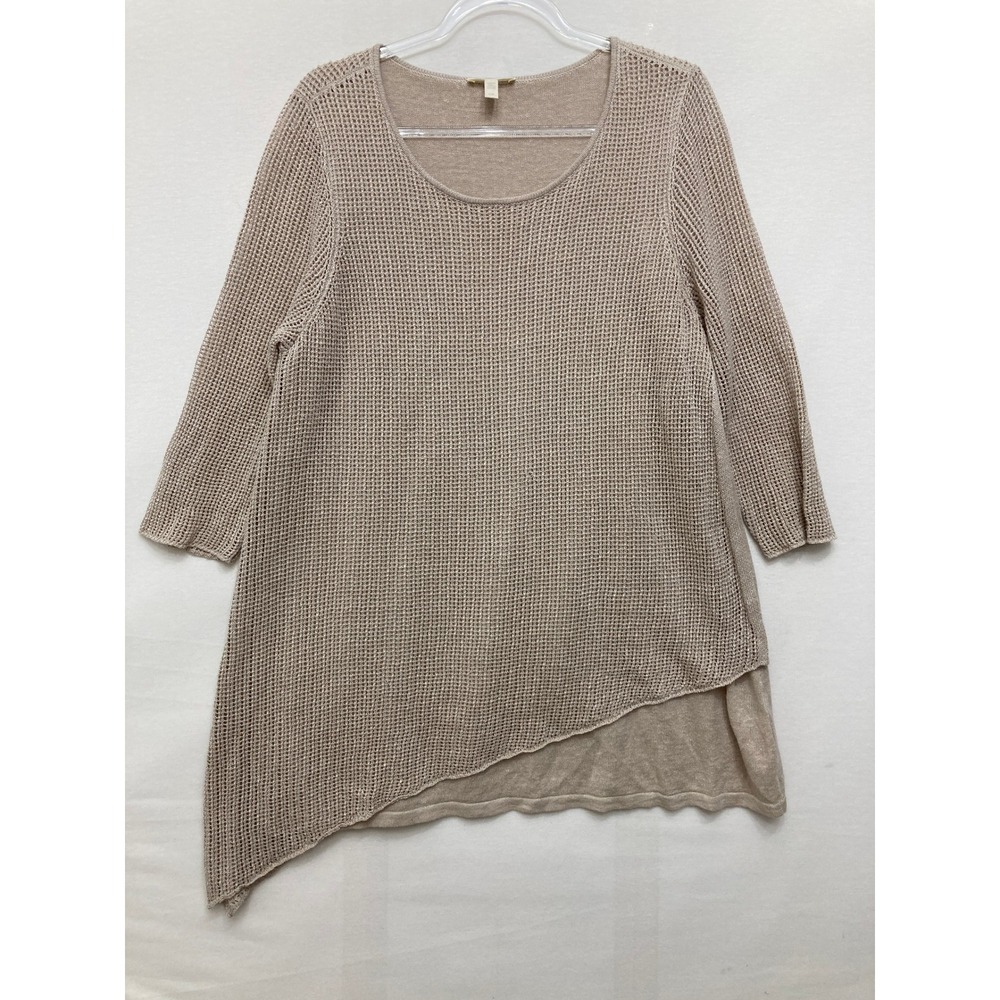 Eileen Fisher Organic Linen Tunic Large Tan Asymmetrical Layered Mesh Neutral